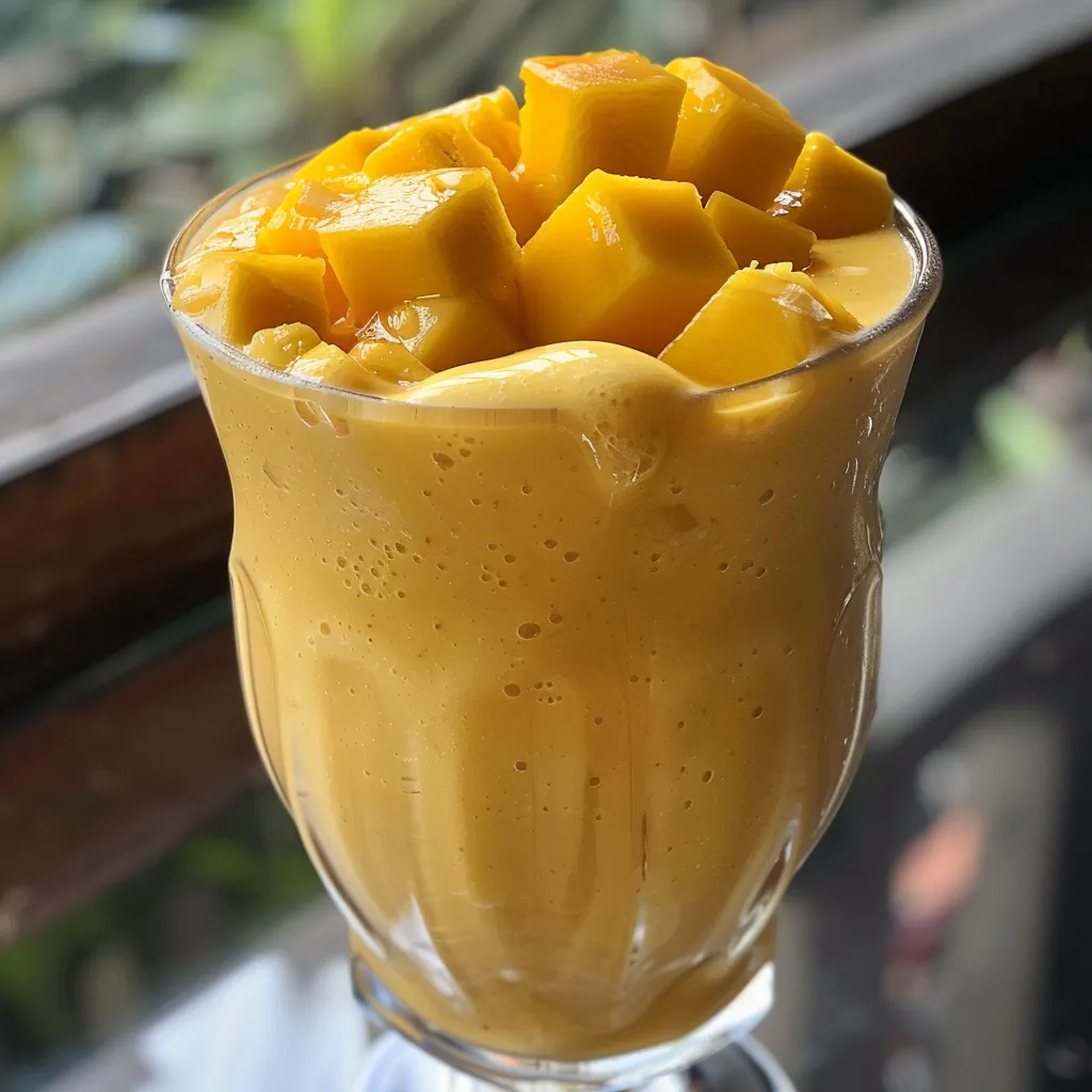 Side view of a refreshing mango coconut milk smoothie in a glass, garnished with mango slices.