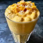 Close-up view of a creamy mango coconut milkshake in a glass, garnished with a slice of mango.