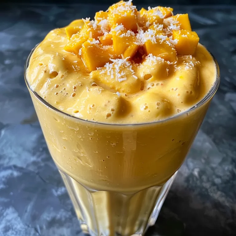 Close-up view of a creamy mango coconut milkshake in a glass, garnished with a slice of mango.