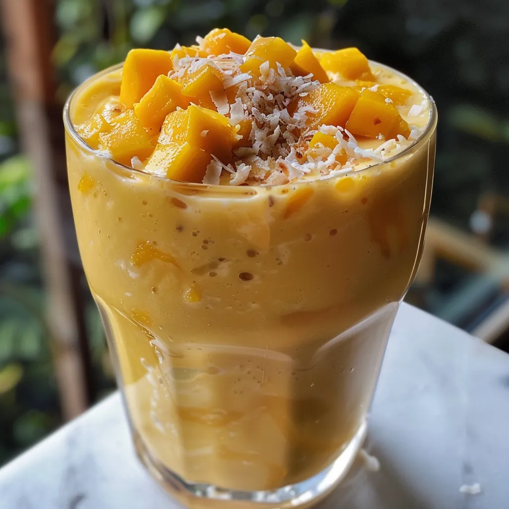 Side angle of a refreshing mango coconut milkshake topped with whipped cream and mango pieces.