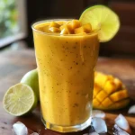 Close-up view of a refreshing mango lime smoothie in a glass, with bright yellow-orange color and a slice of lime on the rim.