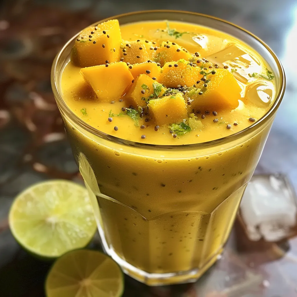 Side view of a mango lime smoothie, featuring vibrant mango chunks and ice cubes, garnished with a lime wedge.