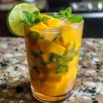 Close-up view of a Mango Mojito Mocktail garnished with lime and mint.