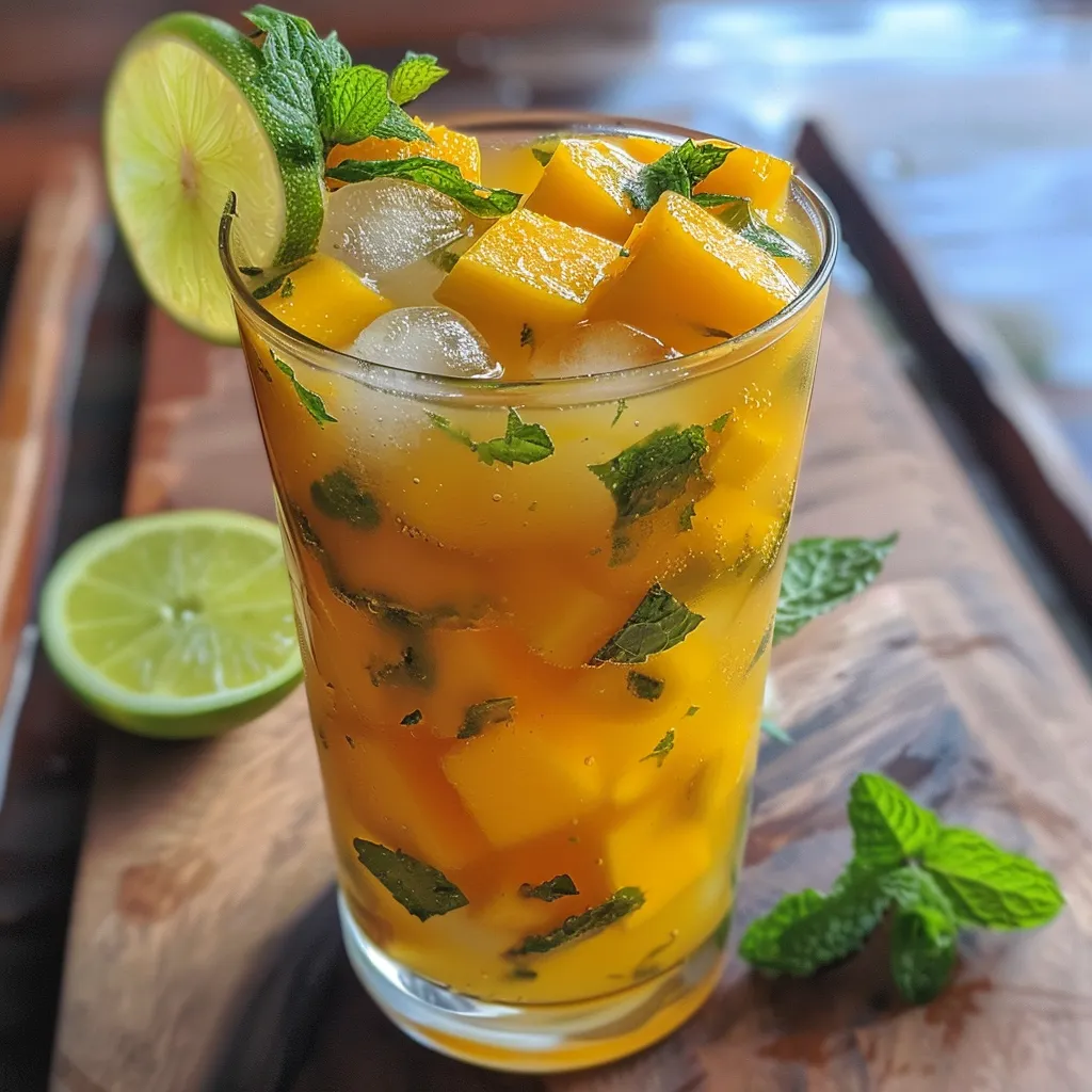 Side view of a refreshing Mango Mojito Mocktail with ice and fresh ingredients.