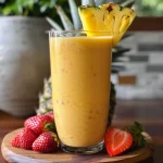Close-up view of a vibrant mango pineapple and strawberry smoothie in a glass.