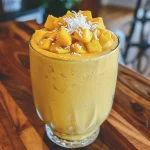 Close-up view of a refreshing mango pineapple coconut smoothie in a glass.