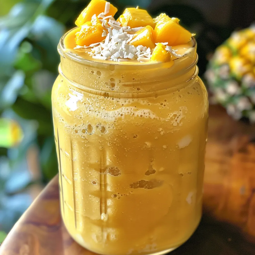 A side view of a tropical smoothie made with mango, pineapple, and coconut milk.