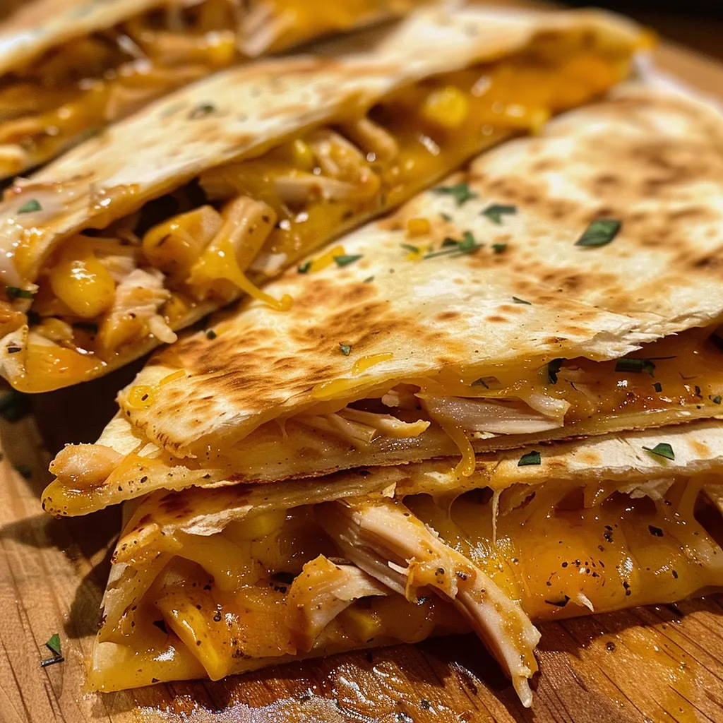Side view of juicy chicken quesadillas with visible layers of cheese and garlic.