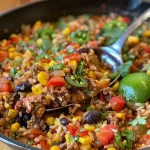 Close-up view of a Mexican Beef and Rice Skillet, showcasing colorful ingredients.