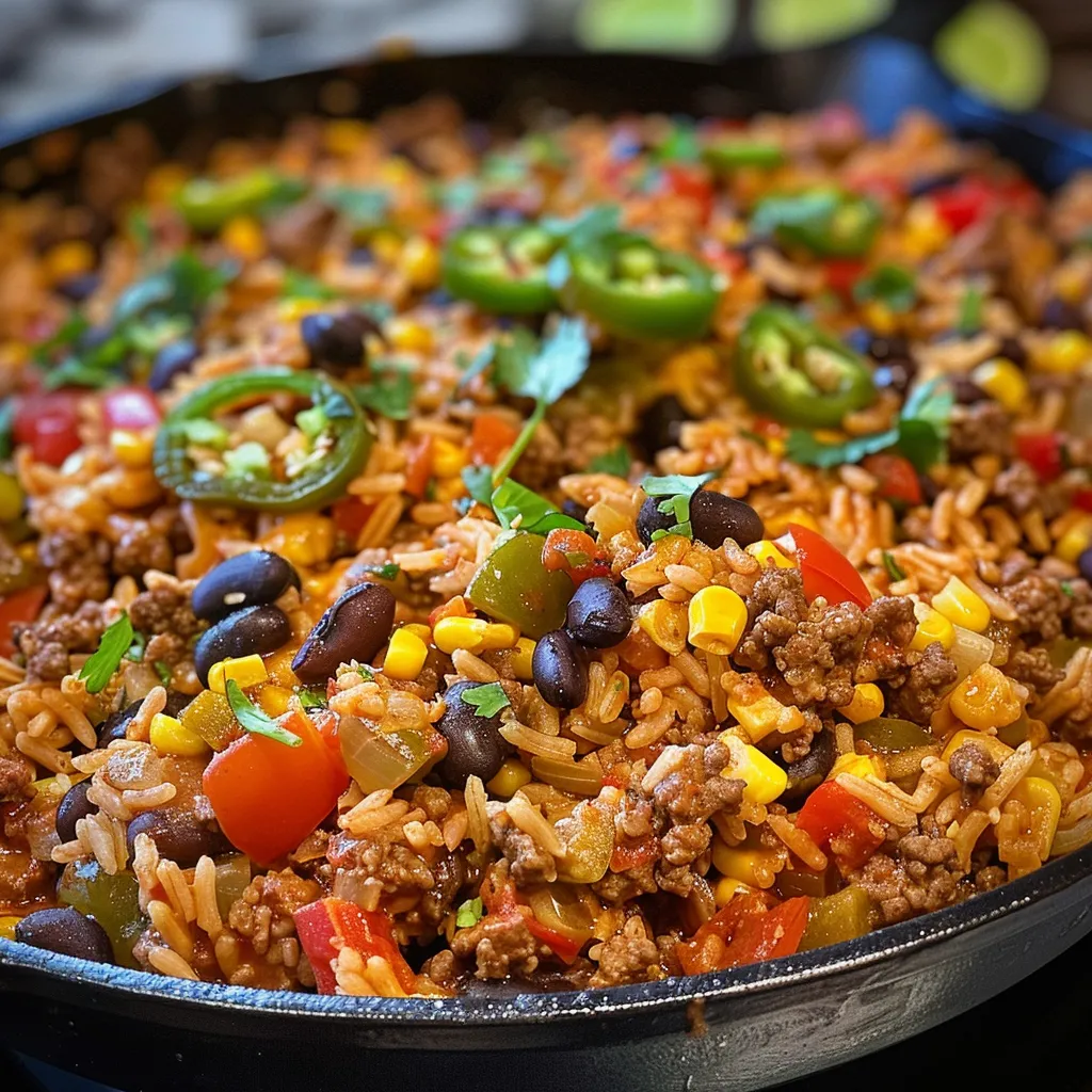 Juicy Mexican Beef and Rice Skillet presented in a rustic dish with vibrant toppings.