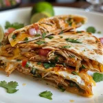 Close-up side view of a golden Mexican chicken quesadilla filled with melted cheese and shredded chicken.