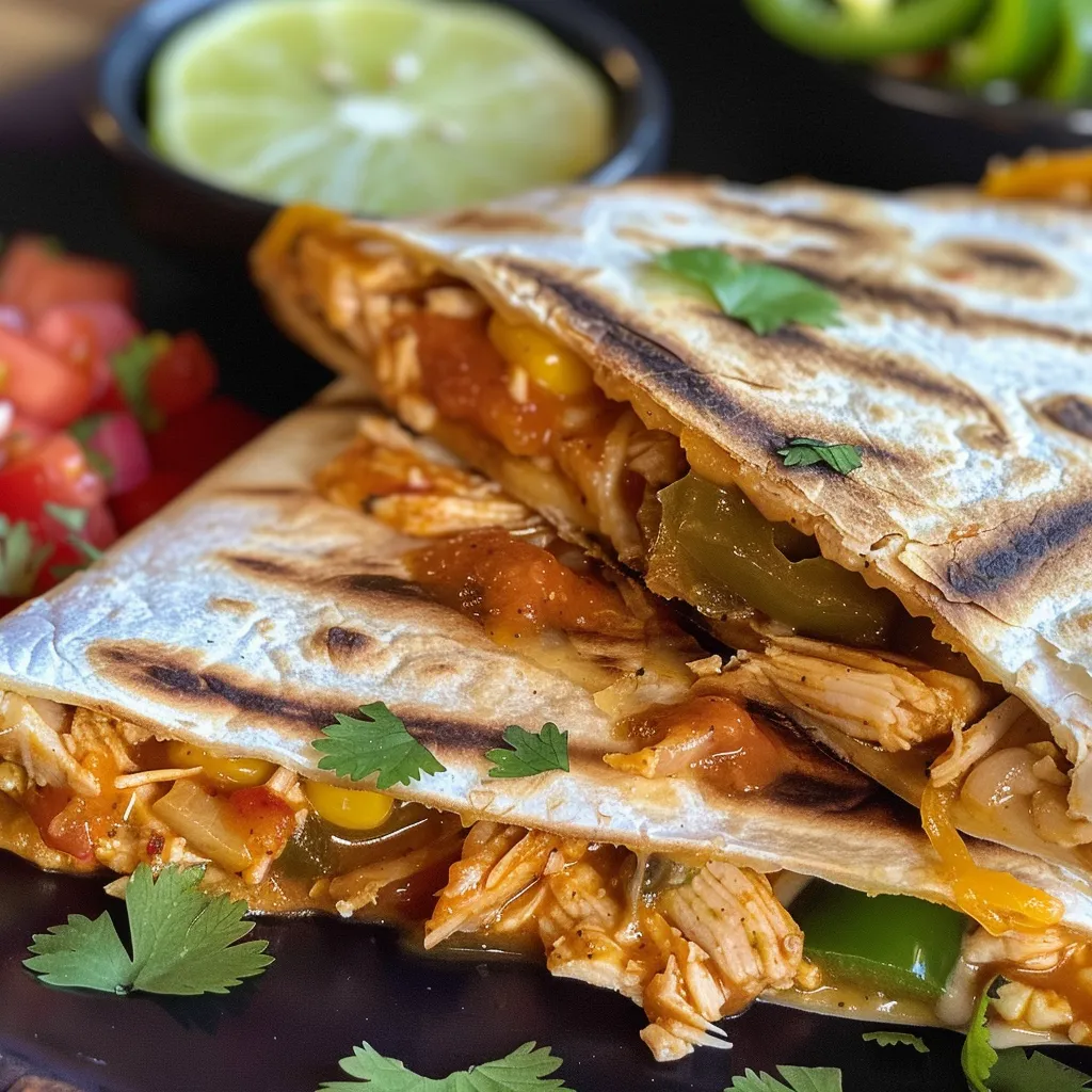 Juicy Mexican chicken quesadilla showcasing a crispy tortilla filled with vibrant ingredients.