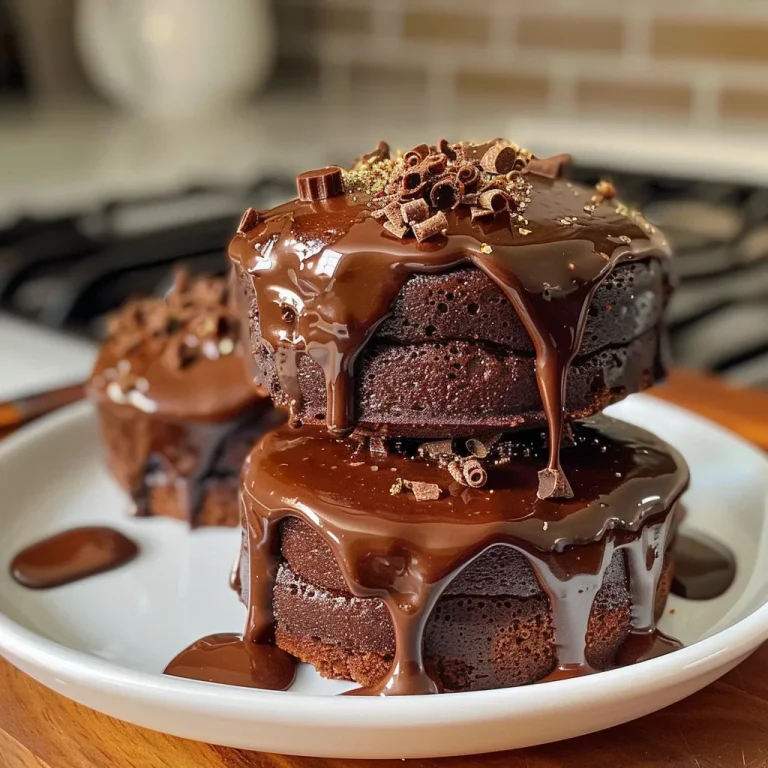 Side view of a mini chocolate cake with a glossy chocolate drizzle.