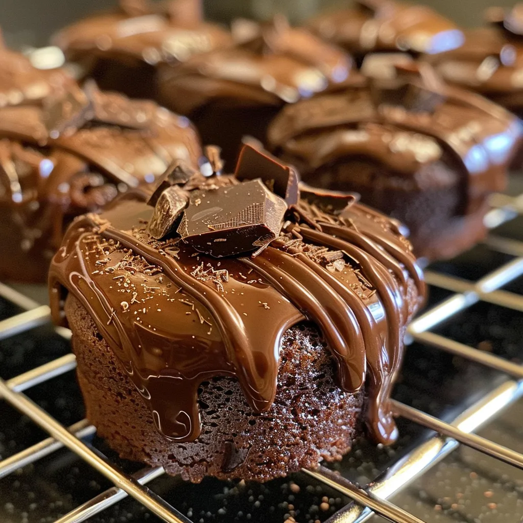 Close-up of a rich, moist mini chocolate cake topped with chocolate curls.