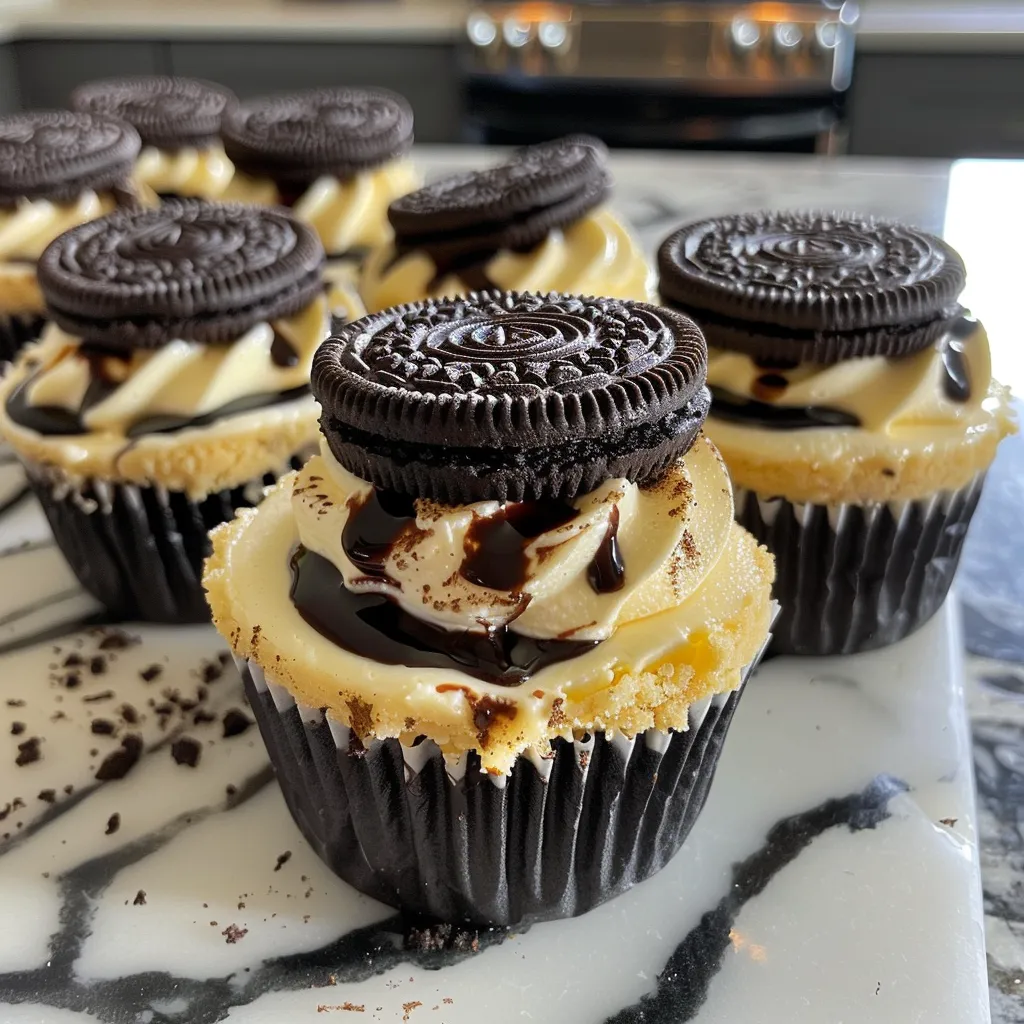 Side view of a delicious mini cheesecake surrounded by Oreo cookie crumbles.