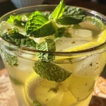 A close-up view of a refreshing mint lemonade mocktail with fresh mint leaves and lemon slices.