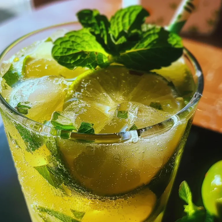 A Refreshing Sip of Summer: The Minty Lime Sparkler Mocktail A close-up side view of a Minty Lime Sparkler Mocktail filled with ice and mint leaves.
