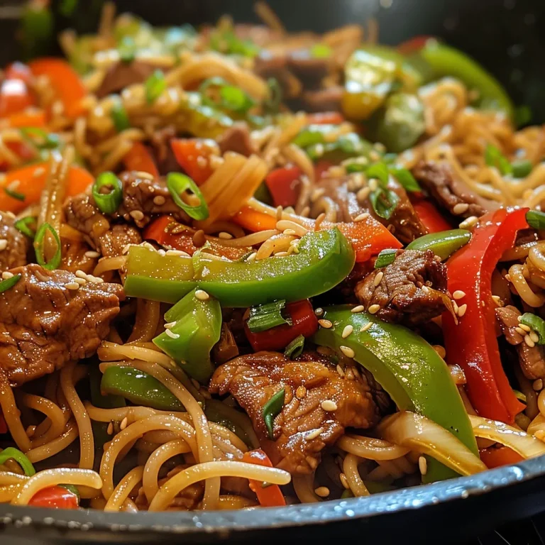 Close-up view of Mongolian Beef Noodle Stir Fry with vibrant vegetables.