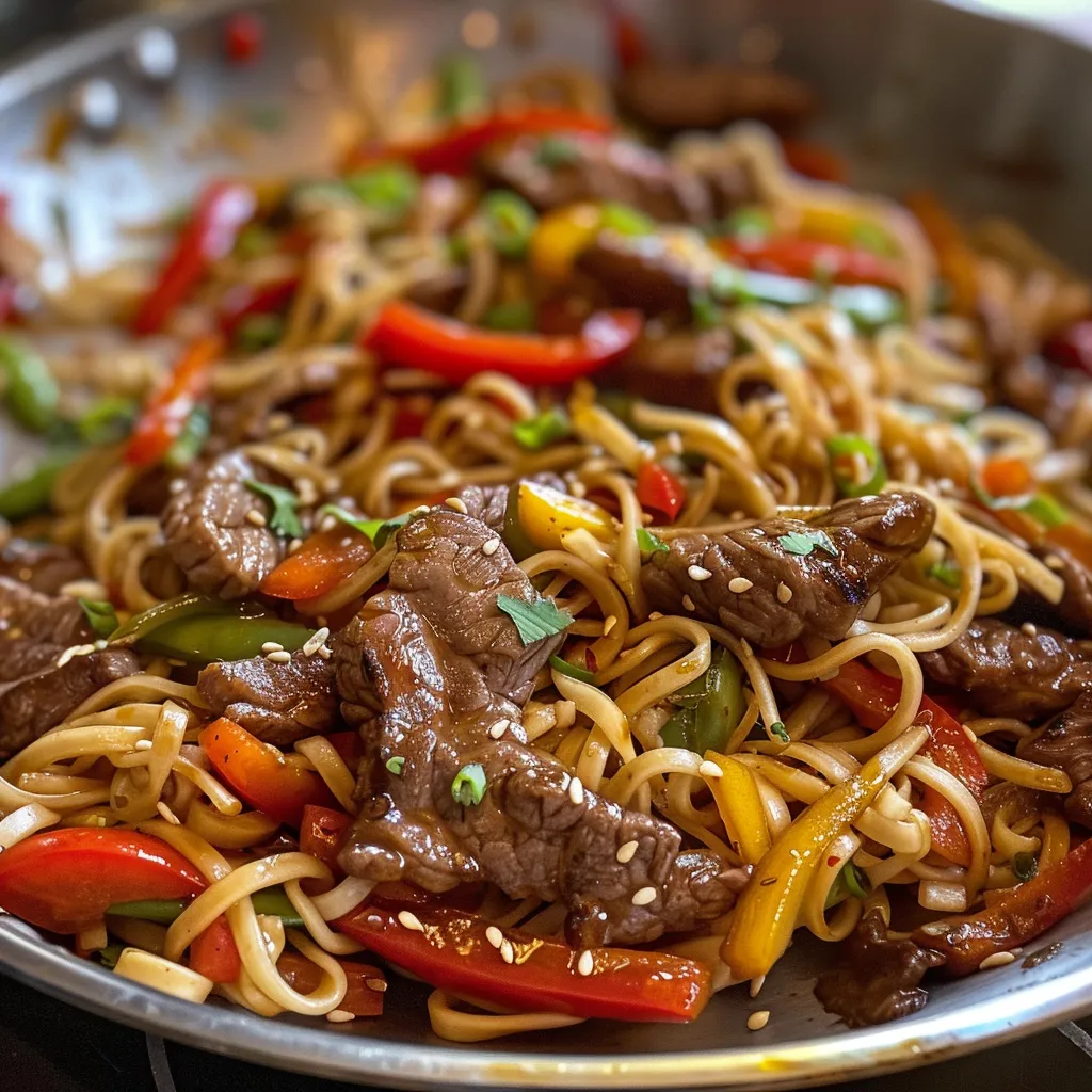 Delicious plate of stir-fried noodles topped with tender beef and colorful bell peppers.