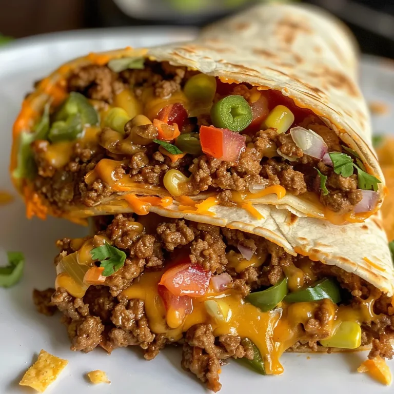 Close-up side view of a juicy Nacho Cheese Beef Wrap with vibrant ingredients.