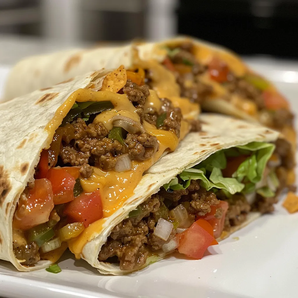 Detailed view of a nacho cheese beef wrap, showcasing melted cheese and toppings.