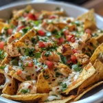 Close-up view of Nachos De Pollo topped with melted cheese and grilled chicken.