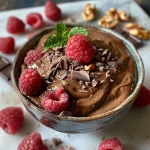 Close-up side view of a rich dark chocolate avocado mousse topped with fresh raspberries and mint leaves.