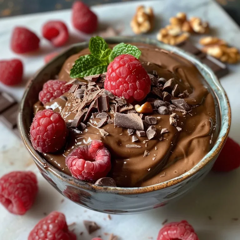 A Decadent Embrace: No Sugar Dark Chocolate Avocado Mousse to Share with Loved Ones Close-up side view of a rich dark chocolate avocado mousse topped with fresh raspberries and mint leaves.