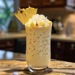 Close-up image of a vibrant Ocean Love Colada in a glass, showcasing layers of coconut and pineapple.