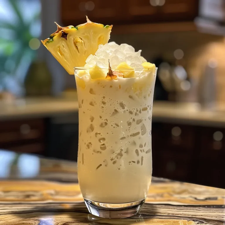 A Tropical Embrace: The Ocean Love Colada That Whispers of Sunlit Shores Close-up image of a vibrant Ocean Love Colada in a glass, showcasing layers of coconut and pineapple.