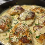 Side view of delicious creamy chicken with visible garlic and herbs in a pan.