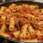 Close-up view of a bowl of One-Pot Beefy Tomato Pasta with ground beef, pasta, and herbs.