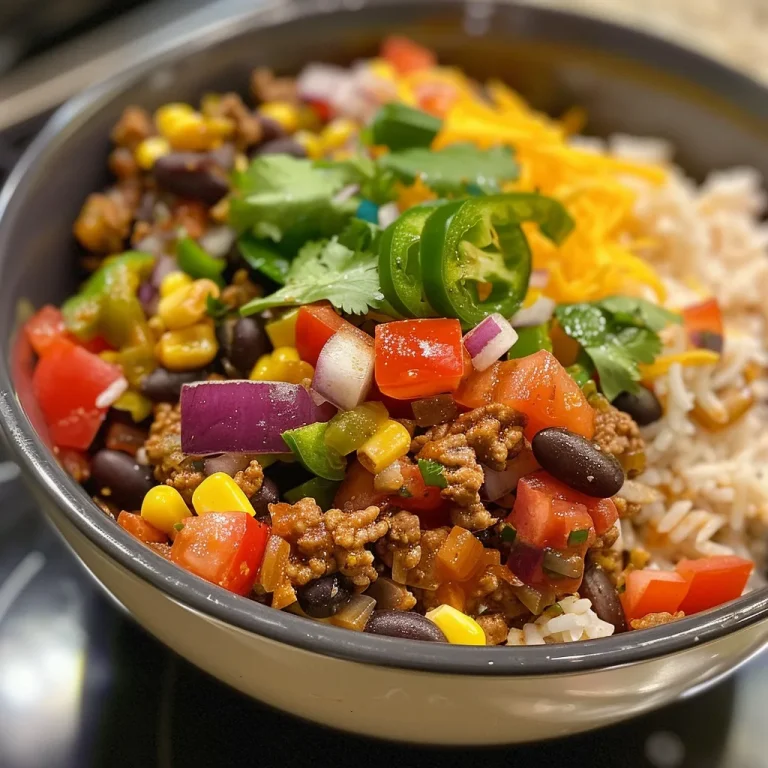 Close-up of a colorful one pot burrito bowl featuring ground beef, beans, corn, and diced vegetables.