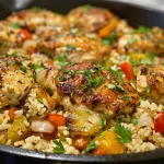 A colorful dish of One Skillet Chicken and Rice with bell peppers and onions.