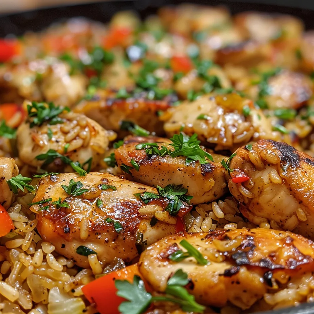 Side view of a hearty serving of chicken and rice cooked in a skillet.