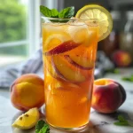 A close-up view of a refreshing glass of peach lemonade garnished with mint and peach slices.
