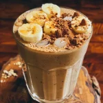 A close-up side view of a creamy peanut butter banana smoothie in a glass with a straw.