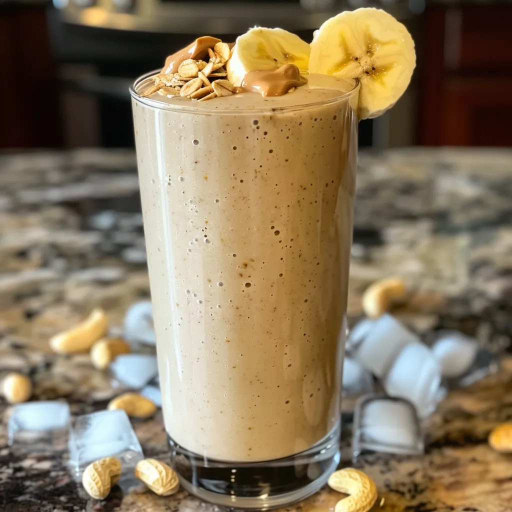 A refreshing peanut butter banana smoothie in a clear glass, showcasing its creamy texture and vibrant color.