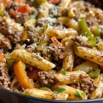 A close-up view of a creamy Philly Cheesesteak Pasta in a skillet, showcasing the beef, peppers, and melted cheese.