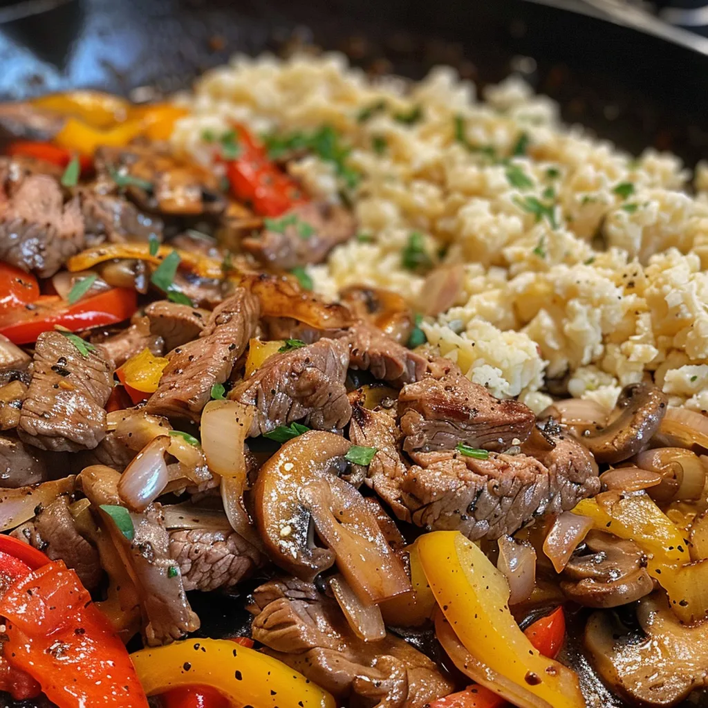 Juicy sliced steak, bell peppers, onions, and mushrooms in a skillet, topped with provolone cheese.