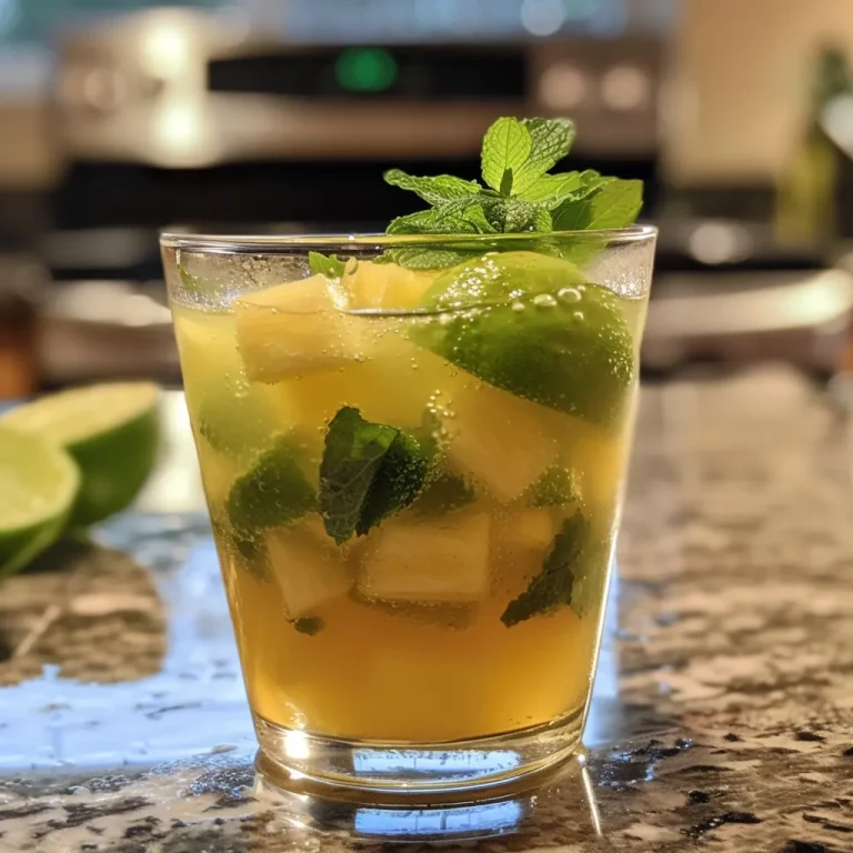 A Refreshing Toast to Summer: Pineapple Mint Sparkling Soda Mocktail A refreshing pineapple mint sparkling soda mocktail in a glass, with ice and mint leaves.