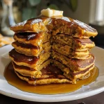 Close-up of fluffy pumpkin pancakes topped with syrup and butter.