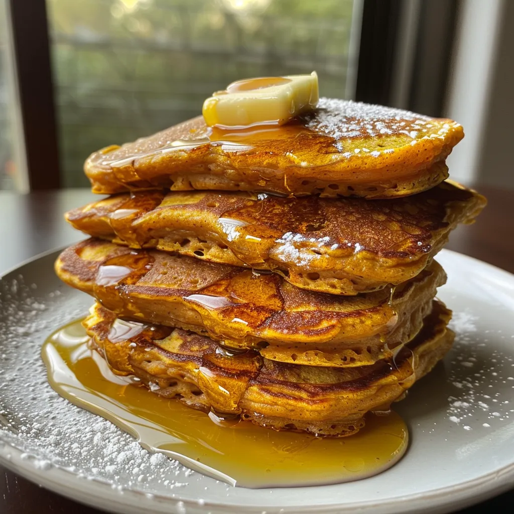 Side view of warm pumpkin pancakes drizzled with maple syrup.
