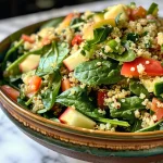 Juicy Quinoa and Spinach Salad with fresh spinach leaves and diced vegetables prominently featured.