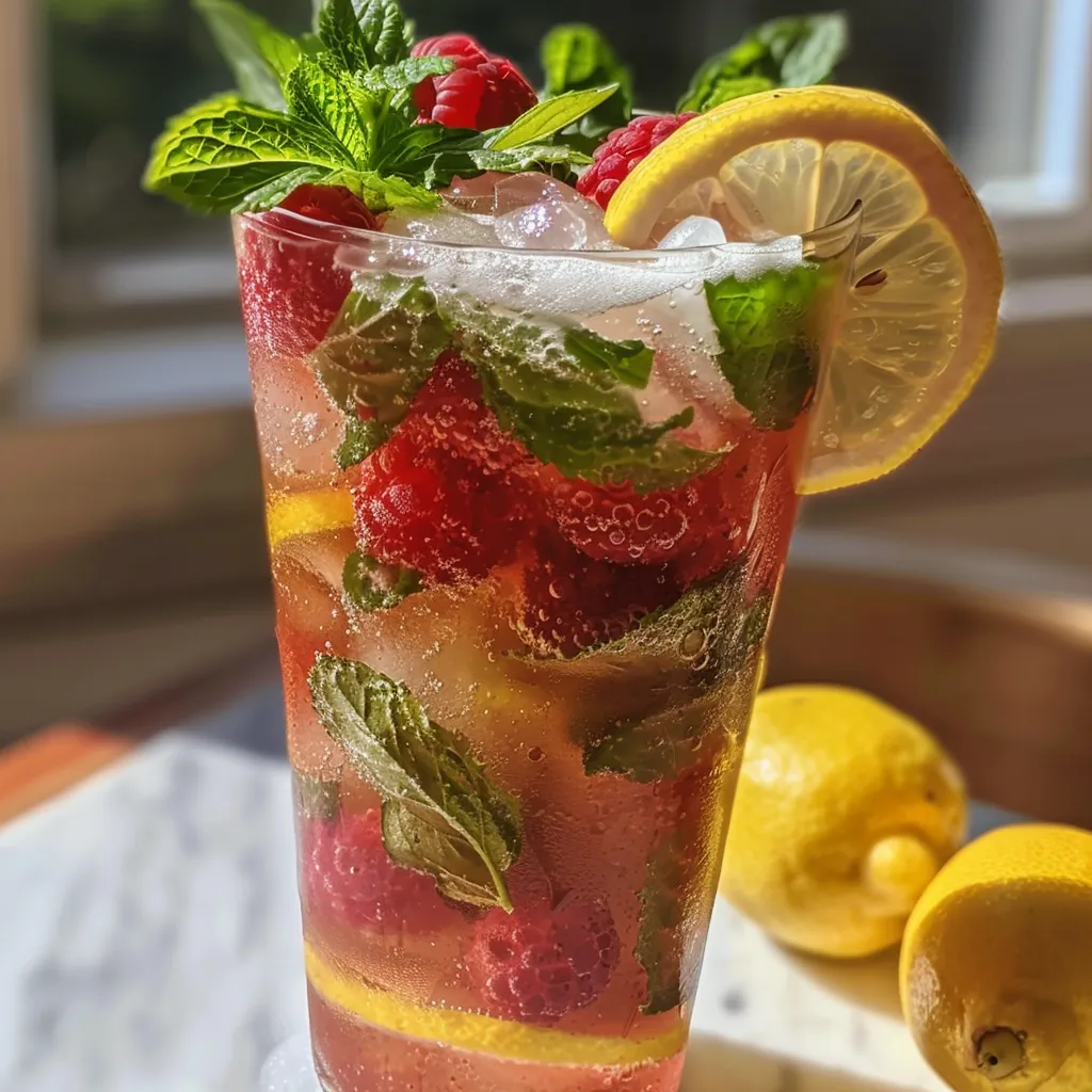 Refreshing drink with raspberries and lemon slices, served with ice.