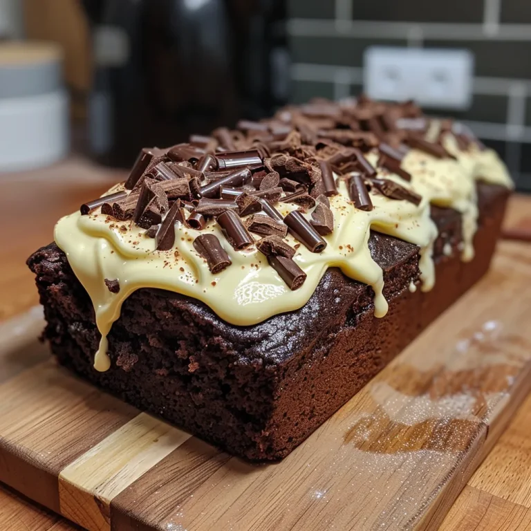 A Slice of Indulgence: The Chocolate Loaf Cake That Brings Joy Close-up side view of a rich chocolate loaf cake topped with creamy Baileys frosting.