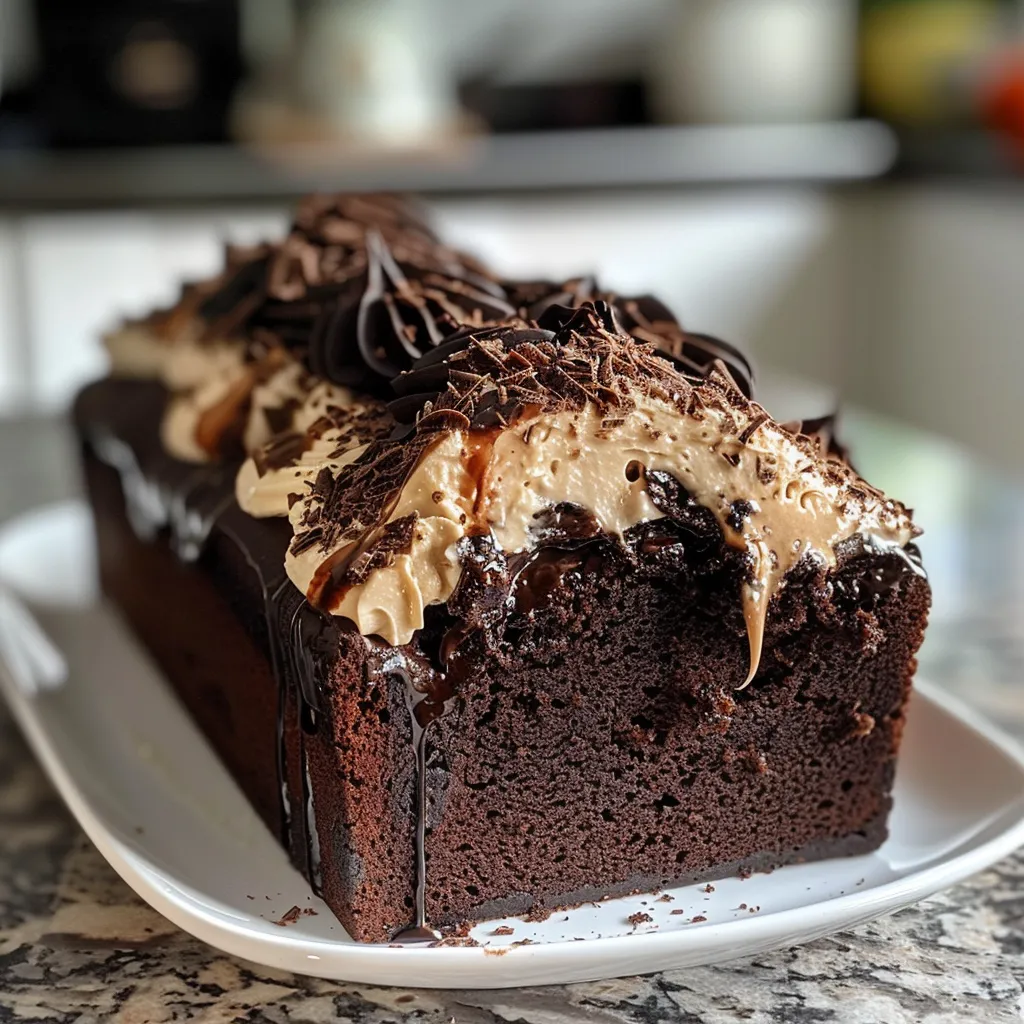 A luscious chocolate loaf cake showcasing a layer of smooth Baileys cream cheese frosting.