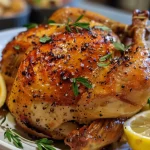 Juicy roasted chicken displayed from a side view.