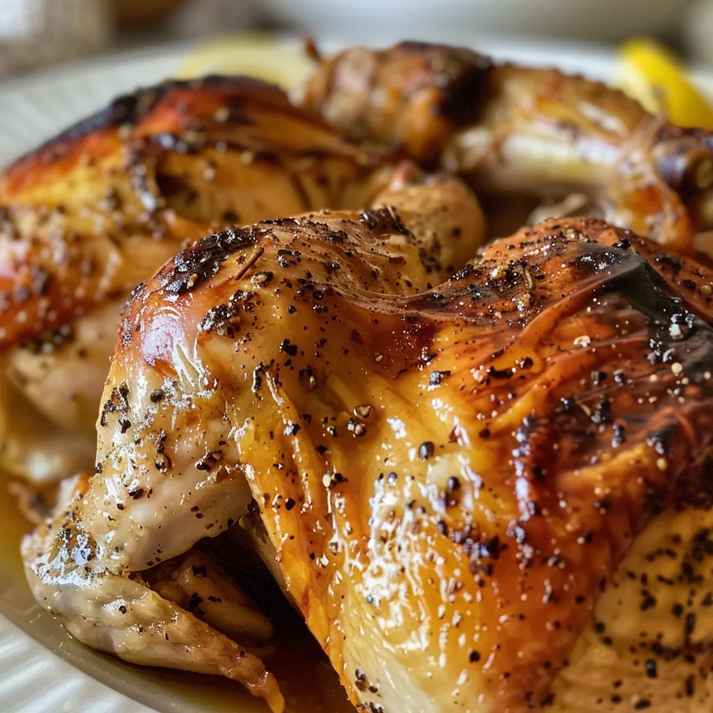 Golden-brown roasted chicken with herbs and lemon.