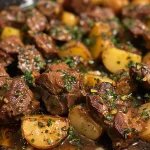 Close-up view of savory beef bites in garlic butter with baby potatoes.